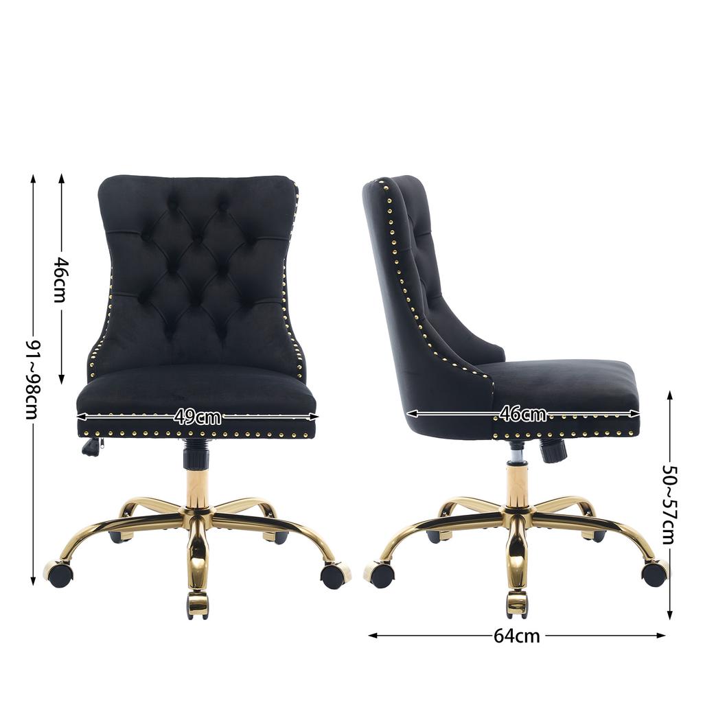 Modern Velvet Upholstered Tufted Button Home Office Chair with Golden Metal Base,Adjustable Desk Chair Swivel Office Chair (Black),DE1923BK