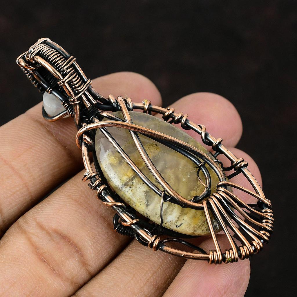 Evil Eye Plume Agate Copper Wire Wrapped Pendant Moonstone Copper Jewelry Handmade Pendant Moonstone Pendant Evil Eye Jewelry Gift For Mom