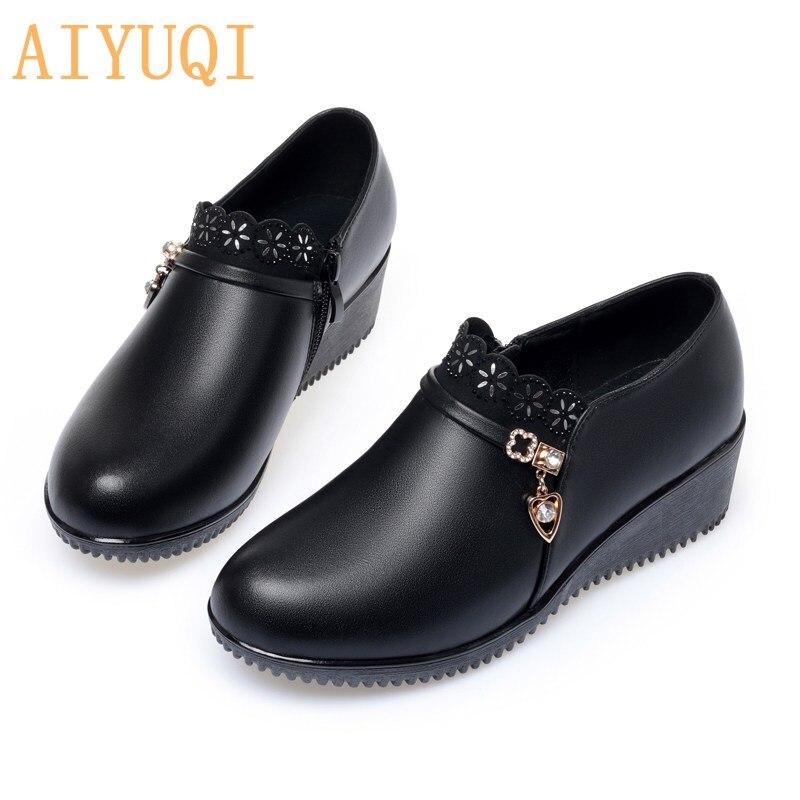 Women's Shoes Wedge Spring Genuine Leather Loafers Ladies Casual Round Toe Large Size Mother Women Shoes