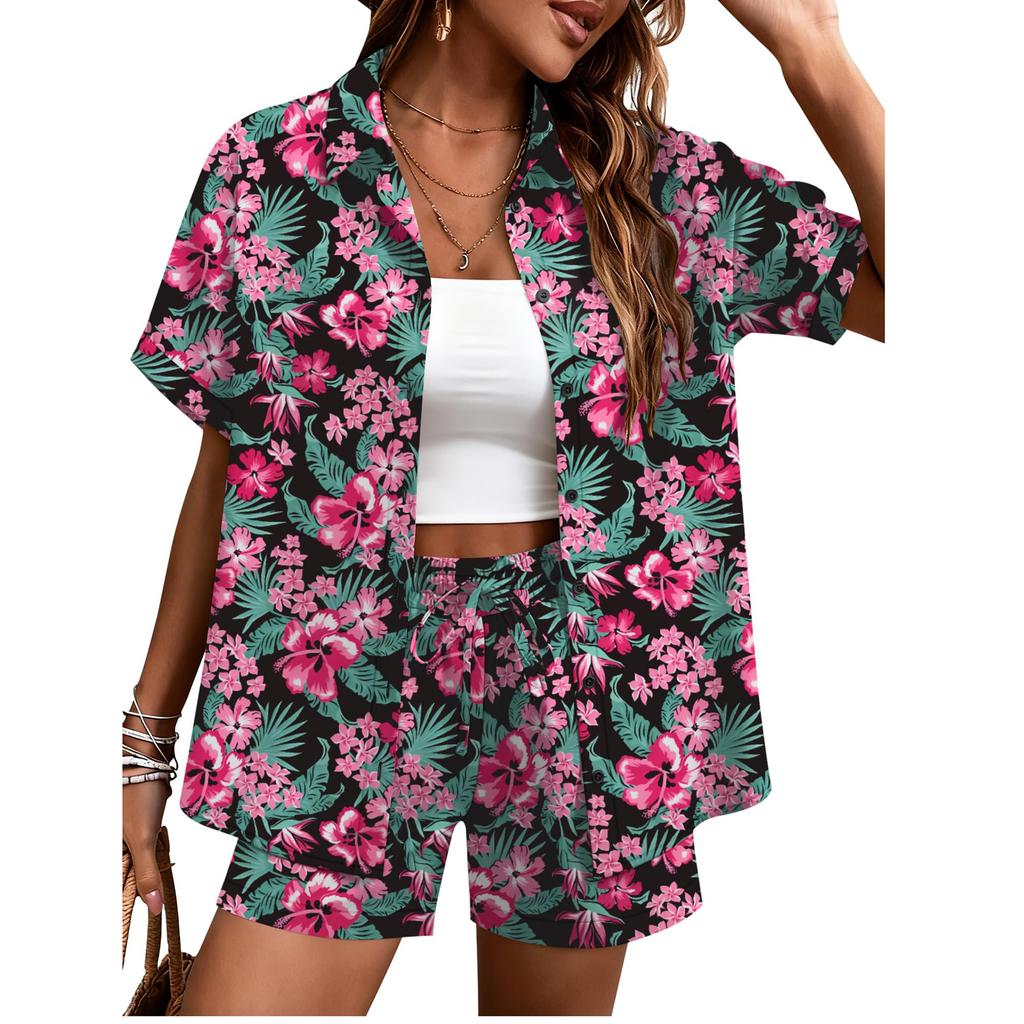 Women's 2 Piece Hawaiian Vacation Outfits Print Short Sleeve Shirts And Shorts Beach Sets Resort Wear