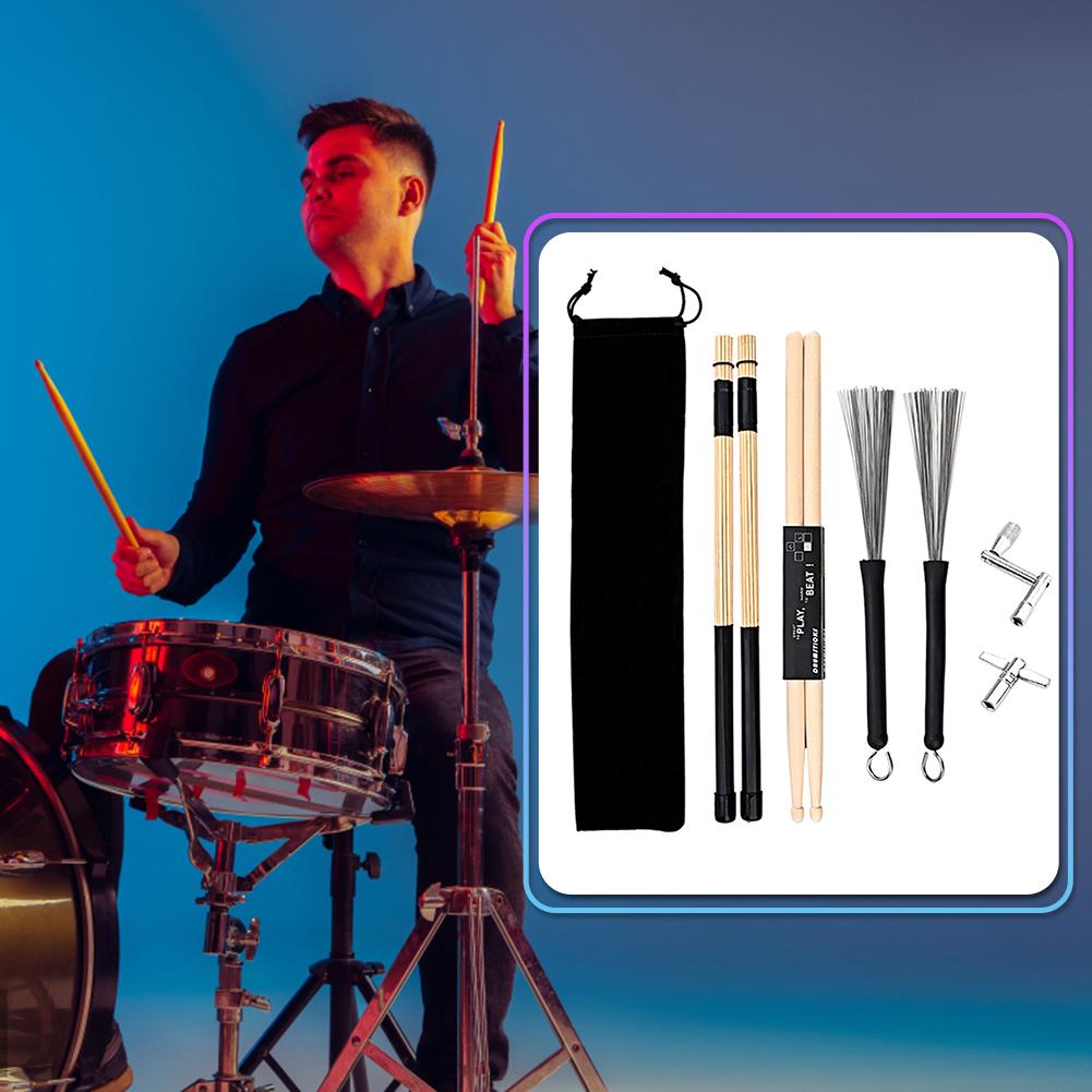 Drum Rod Sticks Set Wire Brushes Drum Key Percussion Instrument Accessories for Jazz Folk Acoustic Music Lover