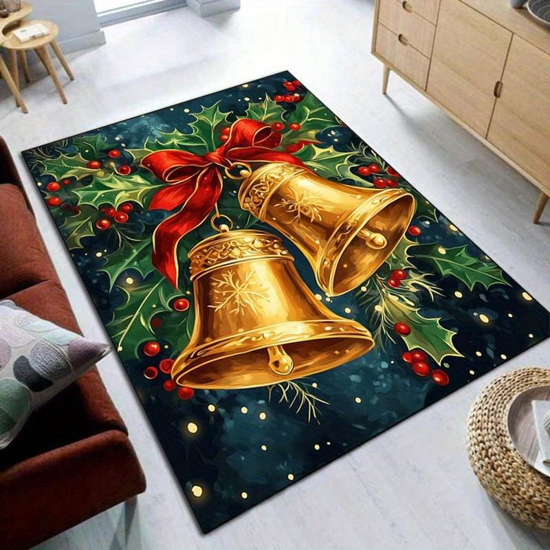 Christmas Bell Rug - Festive Gold Bells with Holly Berries for Holiday Décor | Winter Wonderland Carpets Skid resistant carpet