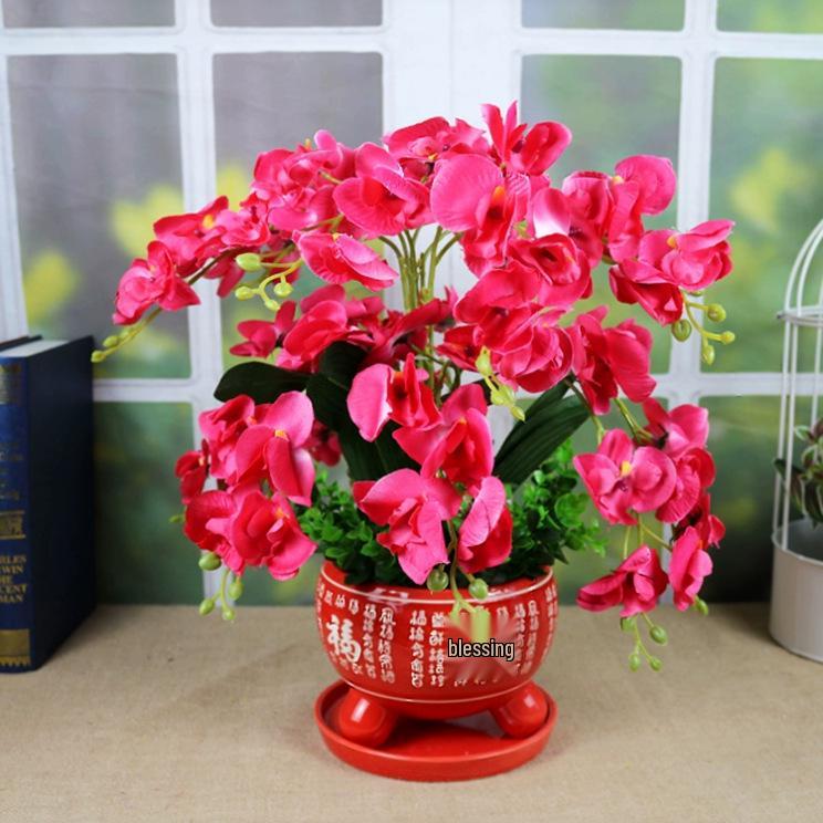 Phalaenopsis Silk Flower Arrangement in Red Ceramic Pot for Indoor Decoration or Weddings