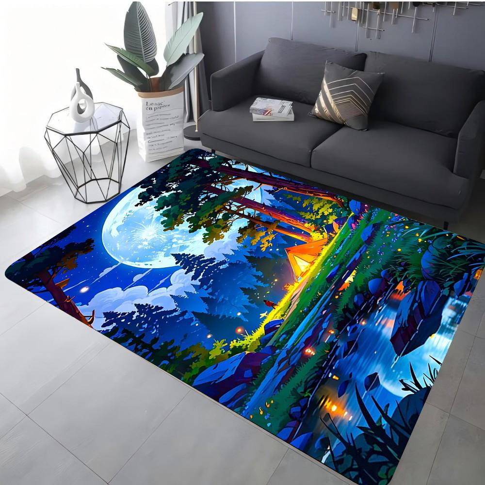 

Camping Theme Carpet Various Styles With Night Campfire Tent Moon Mountain Palm Tree Art Designs Rug For Living Room Decor 40x60cm