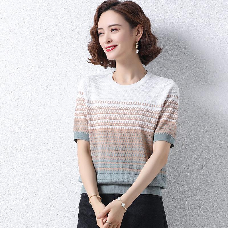 Women's Plus Size Striped Short Sleeved Knitted T-shirt Middle-aged Women's Clothing Ice Silk Knitted T-shirt