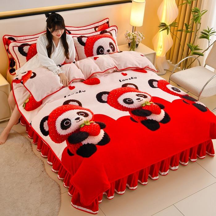 Thickened Milk Fleece Four-Piece Warm Double-Sided Coral Fleece Quilt Cover Flannel Sheet Bed Skirt Bedding