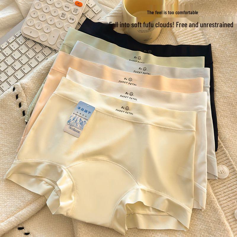 Ourofeng Women's Seamless Ice Silk Mid-Waist Briefs with Breathable Cotton Crotch