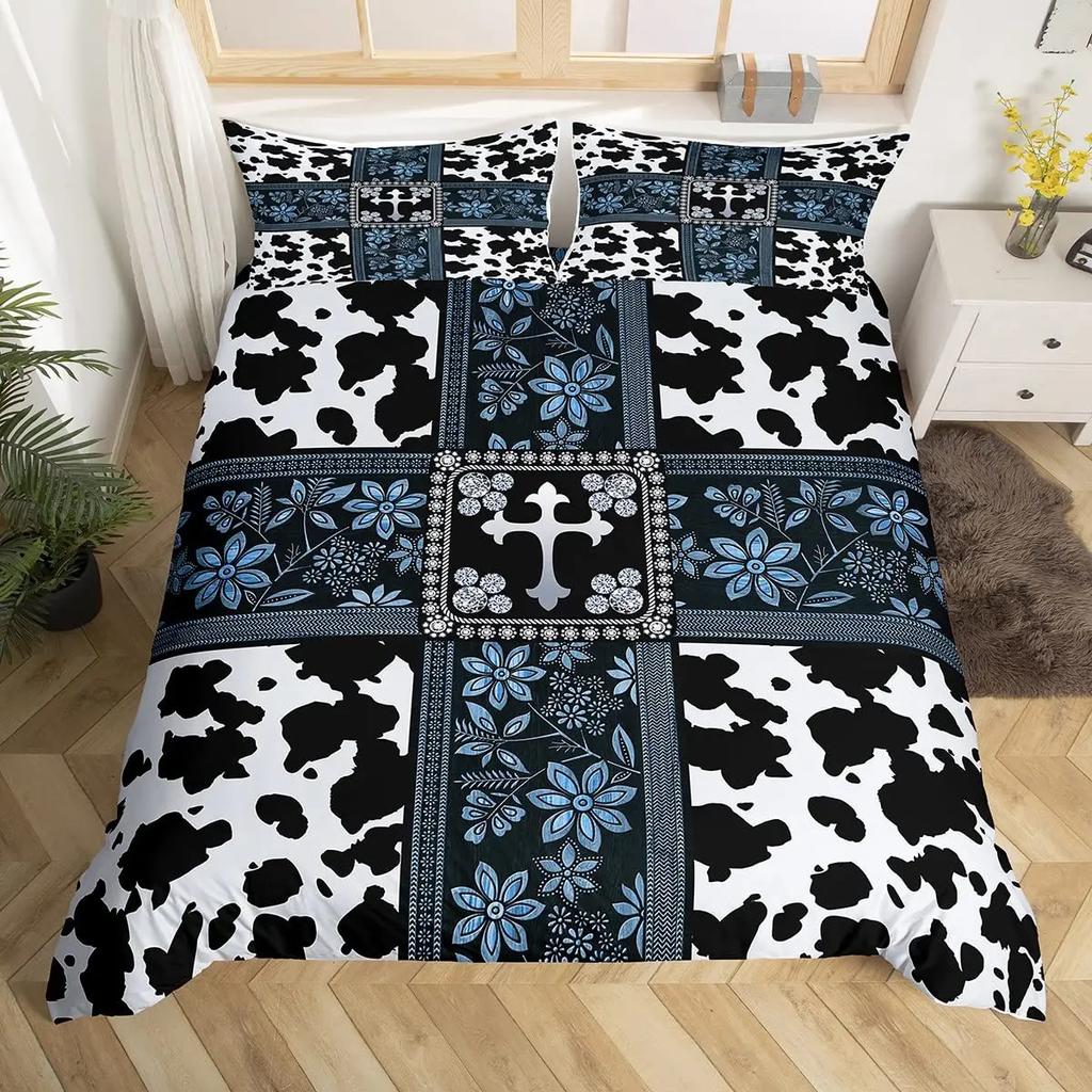 Cow Print Duvet Cover Queen Vintage Floral Bedding Set For Girls Boys Men Western Farmhouse Animal Bull Cattle Skin Quilt Cover