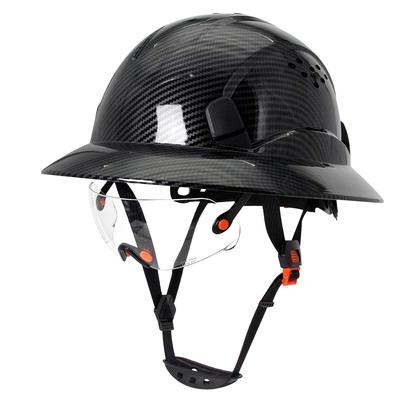 CE Carbon Fiber Full Brim Safety Cap with Built-in Goggles Construction Engineer Hard Hat Industrial Helmet ANSI Head Protection