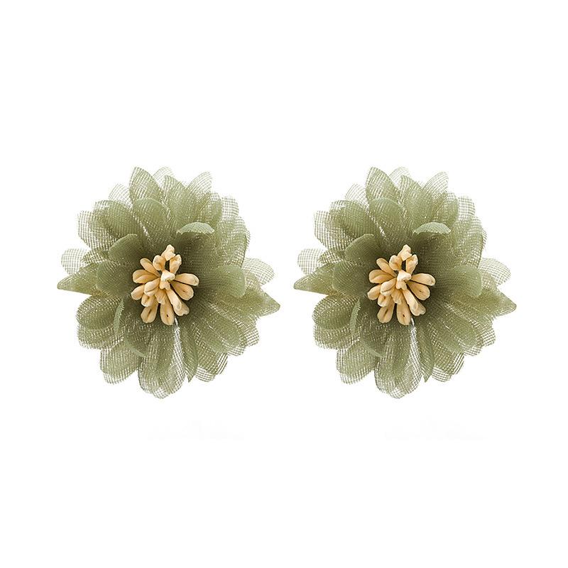 Chiffon Lace Flower Earrings: 925 Silver, Purple & Avocado Green Petals