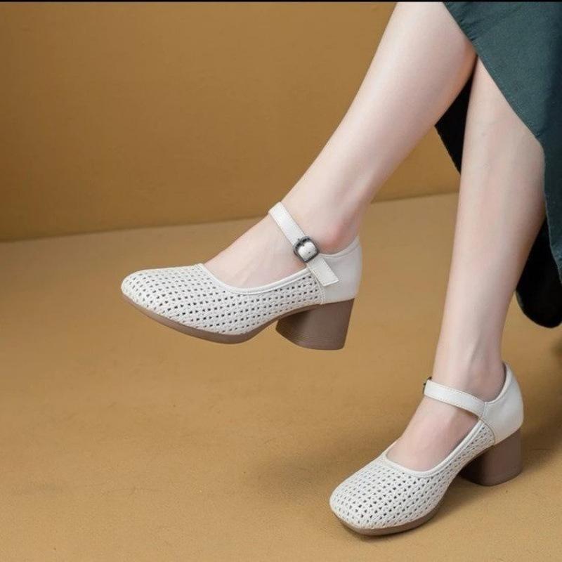 

Весна и лето 2025 новые туфли-одно слово на липучке женские французские ретро с открытым верхом на толстом каблуке удобные одинарные туфли туфли с отверстиями 40