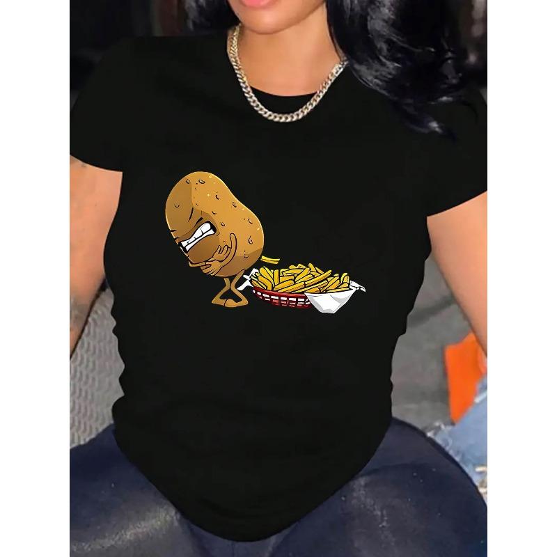 European Sizes Women'S Casual Crew Neck T-Shirt with Creative Potato and French Fries Print, Polyester Knit Fabric, All Season Comfort Fit Tee