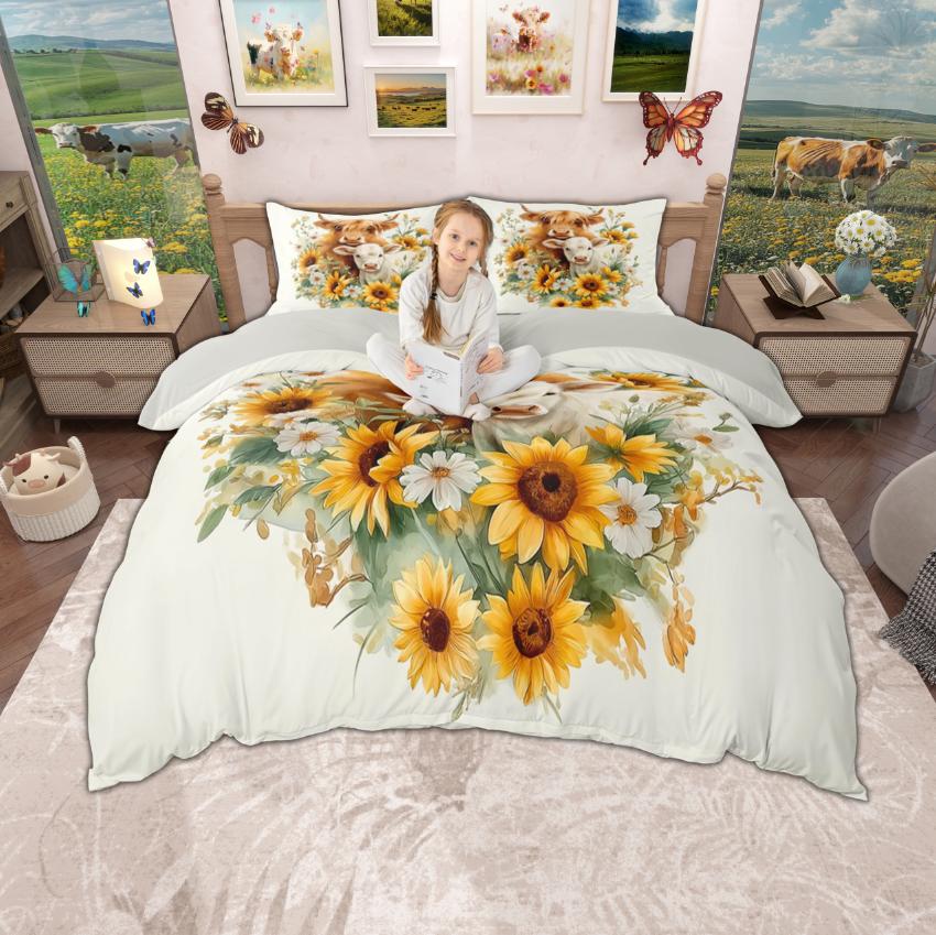 Homewish Highland Cow Duvet Cover Set, Chic Sunflower Bedding Set, Retro Farmhouse Lodge Cabin Quilt Cover Set