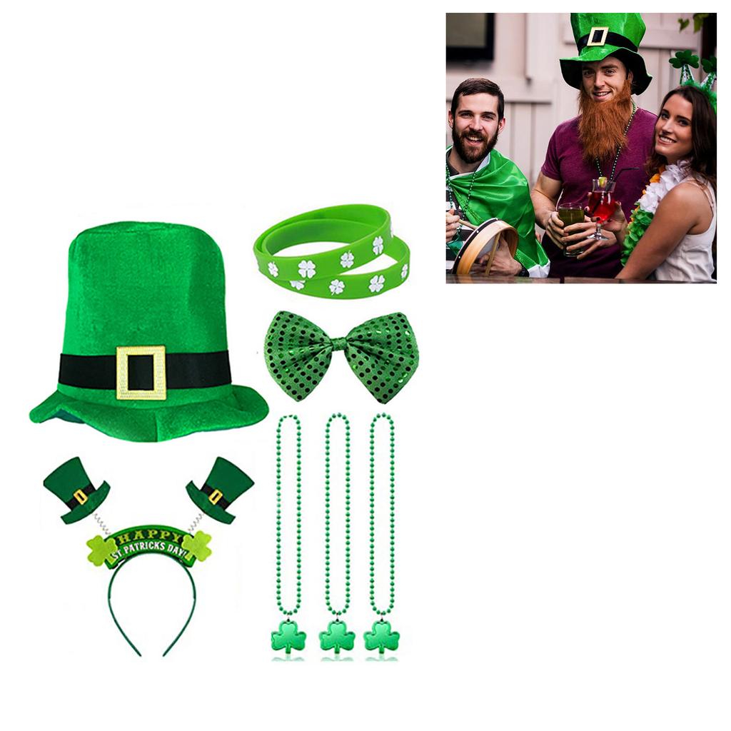 St Patricks Day Women Flat Top Velvet Hat with Bangles&Necklace&Glasses&Stickers&Mustaches Festival Costume for Cosplay