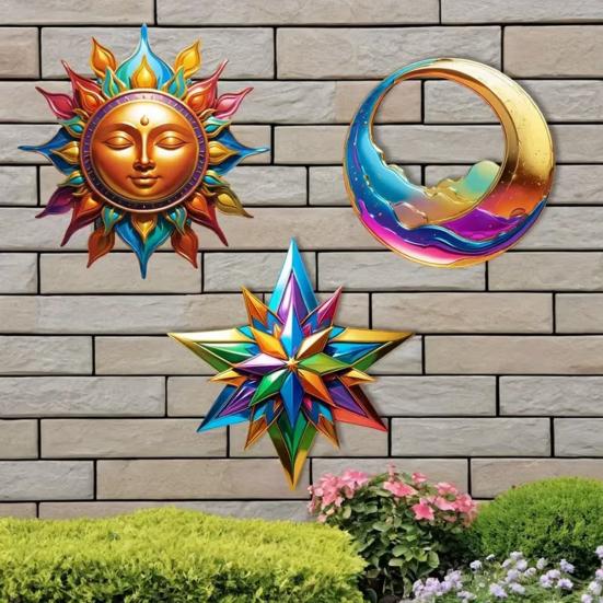 3Pcs Sun Moon Star Wall Decoration No Drill Indoor Outdoor Sun Moon Stars Wooden Wall Art Set Waterproof Sun-Proof Bohemian