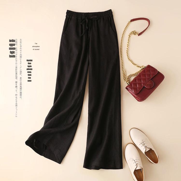 Women's Cotton Linen Elastic Waist Wide Leg Pants - Plus Size, Casual, Draping Straight Leg, Spring/Summer