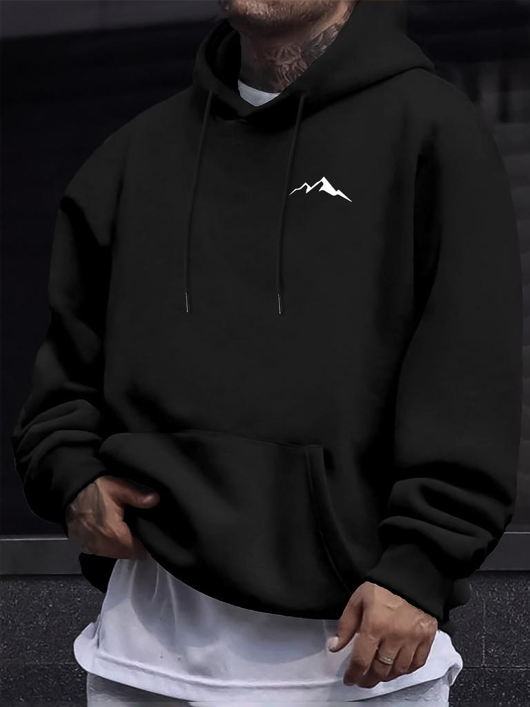 Men's Minimalist Mountain Peak Chest Print Hip Hop Sports Hoodie Simple Outdoor Loose Casual Sweatshirt