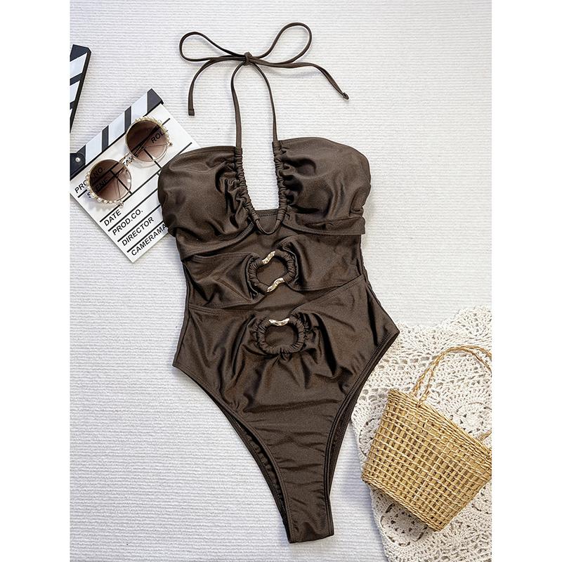 

Сексуальный купальник-монокини с вырезами, халтер, с металлическим кольцом, женский купальный костюм, женский монокини с подкладкой, купальник для плавания L коричневый