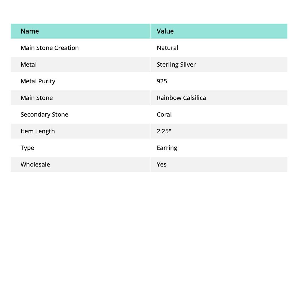 Natürlicher Regenbogen-Calsilica, Koralle 925 Sterlingsilber Schmuck Ohrring 2,25" a3I42