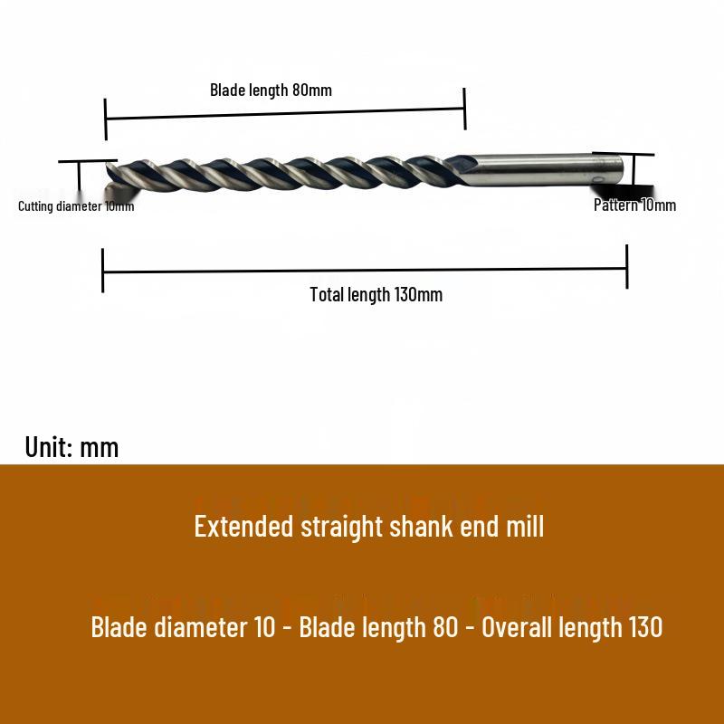 High-Speed Steel Extended Straight Shank Three-Flute End Mill, 2.5-10mm, White Steel