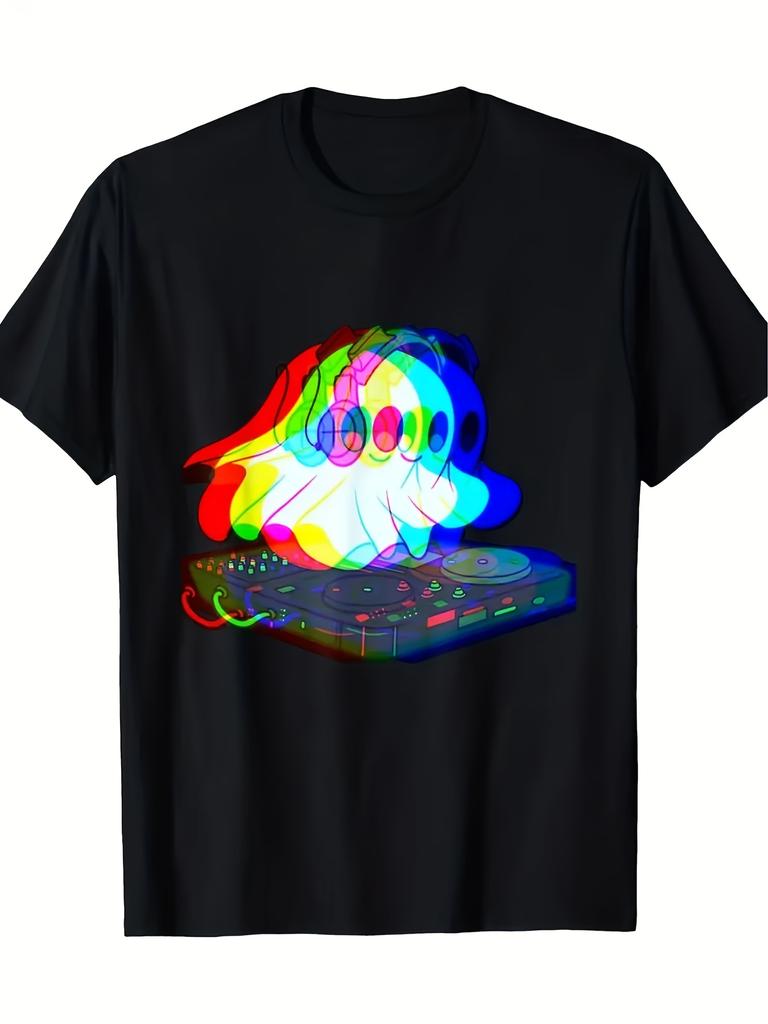 Ghost DJ Trippy Glitch Effect Graphic Tee Men's Casual Short Sleeve Cotton T-Shirt Music Festival Outfit Party