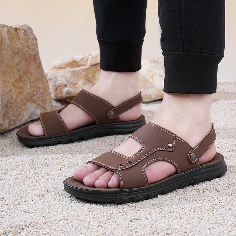 Men White Flats Sandals Summer Brown Wide Head Roman Sandals Retro Black Leather Beach Shoes Plus Size