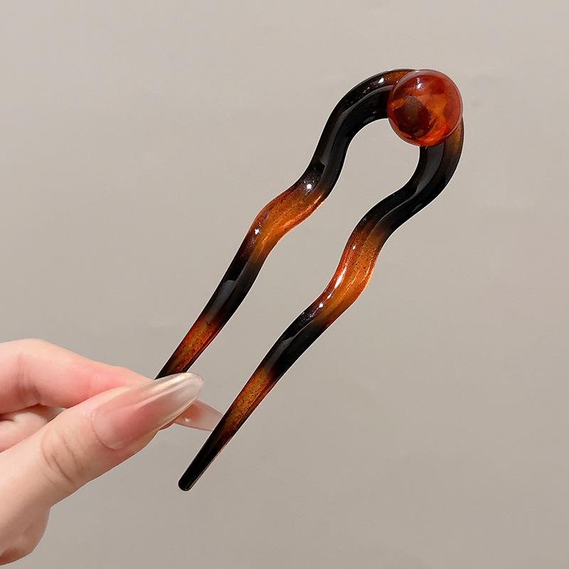 

Chinese Style Round Bead U-Shaped Hairpin Retro Wave Hair Sticks for Women Acrylic Head Coiled Hair Hairpin Accessories