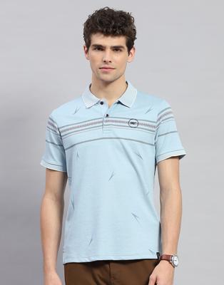 Mens Sky Blue Printed Polo Neck Half Sleeve T-Shirt