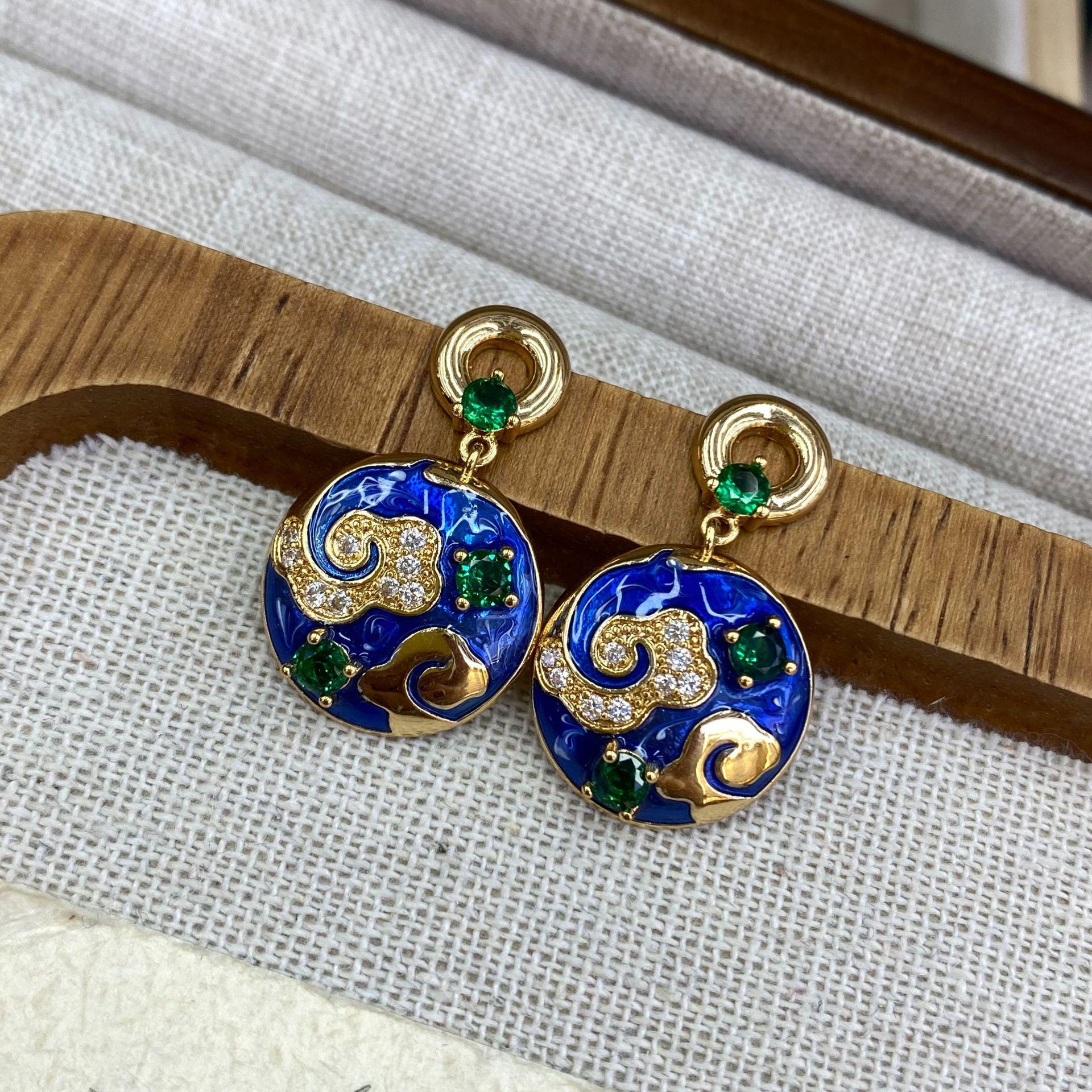 

Copper-Plated Real Gold, National Style Enamel, Ancient Style Earrings, Advanced Sense Drip Glaze, Light Luxury, New Chinese Earrings, Women