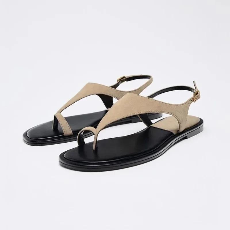 Fashion 2025 Summer New Flat Bottom Buckle Strap Women's Sandals Casual Versatile Comfort Pinch Toe Concise Beach Sandals Women