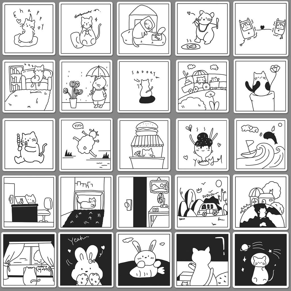 50 Black and White Line Drawing Doodle Cartoon Simple Gulka Hand Account DIY Water Cup Suitcase Sticker Waterproof