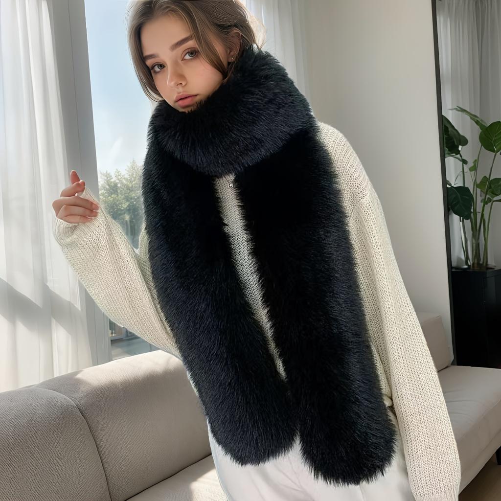 

Женский зимний плюшевый шарф-шаль с воротником из искусственного меха, двусторонний, толстый, ветрозащитный, обертывание, мягкий бежевый и черный, накидка-грелка для шеи чёрный