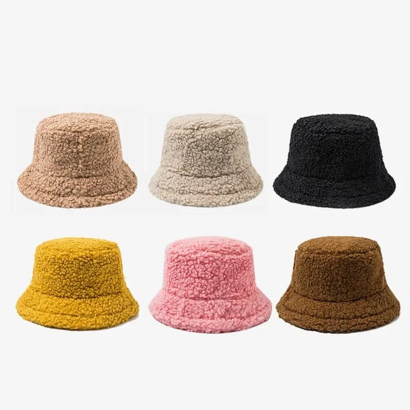 Solid Color Fur Autumn and Winter Warm Female Cap Faux Fur Bucket Hat for Women Outdoor Sunscreen Sun Hat Lady Caps Accessories