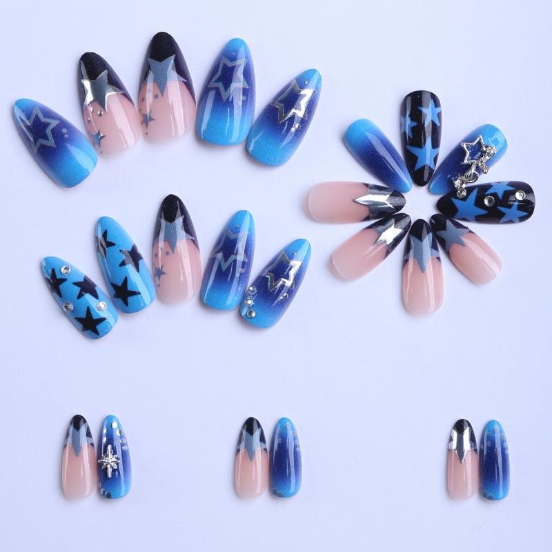 3D Star Gel Nail Tips In Ocean Blue Almond Shape Women Sweet Chic Press-On Nails With Geometric
