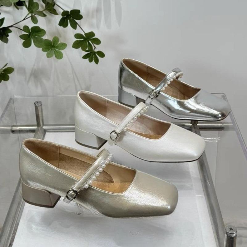 Fashion Beaded Mid-heel Single Shoes Autumn New Square Toe Shallow Mouth One-band Soft Sole Non-slip Block Heel Shoes