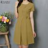 ZANZEA Women Casual Round Neck Summer Solid Color Short Sleeve Dress