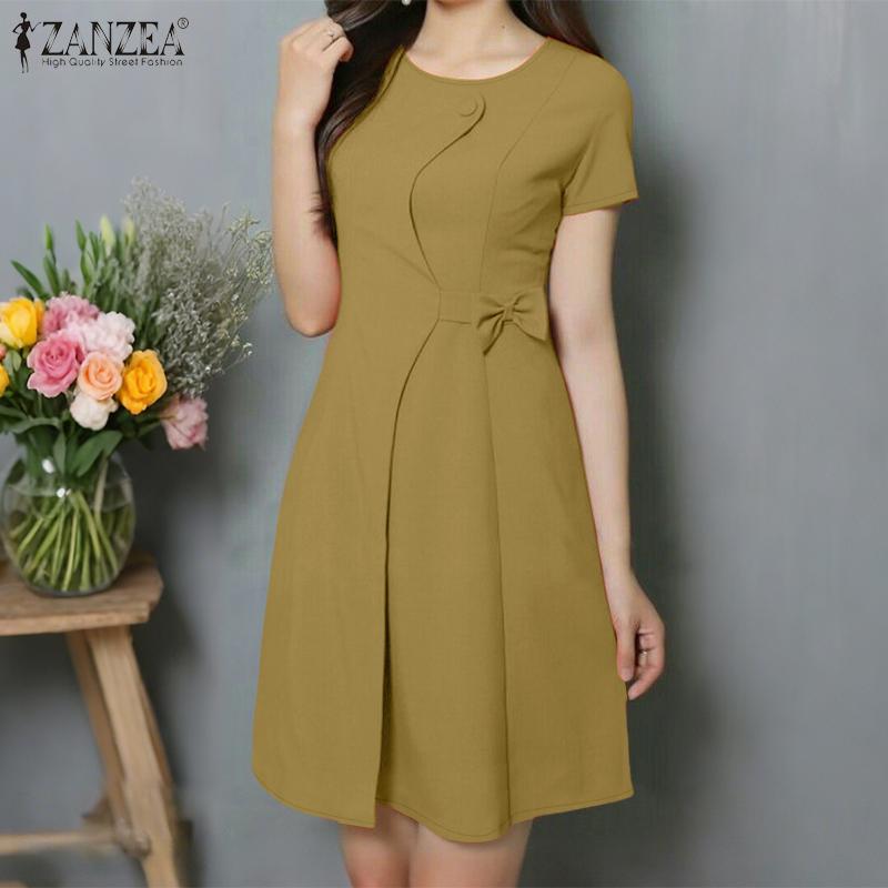 ZANZEA Women Casual Round Neck Summer Solid Color Short Sleeve Dress