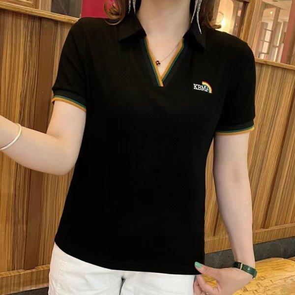 Lapel Short-sleeved Women's Summer Loose T-shirt Women's Summer Clothes Polo Collar Top Embroidered Mother's Suit