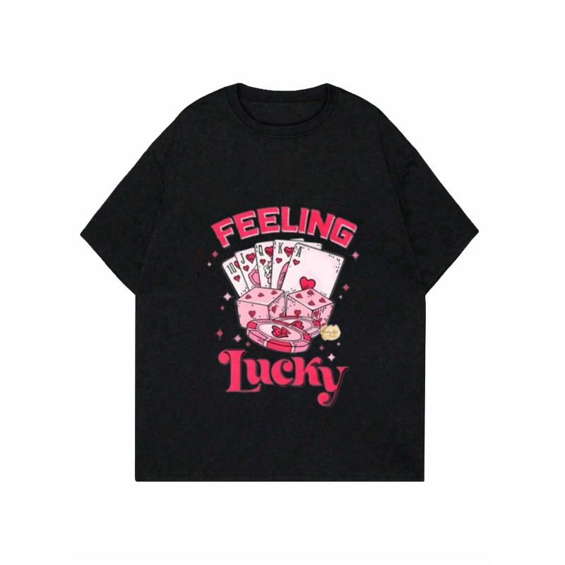 Casual T-Shirt Black Feeling Lucky Poker Cards and Dice Print Women's Top Party Casino Night Outfit