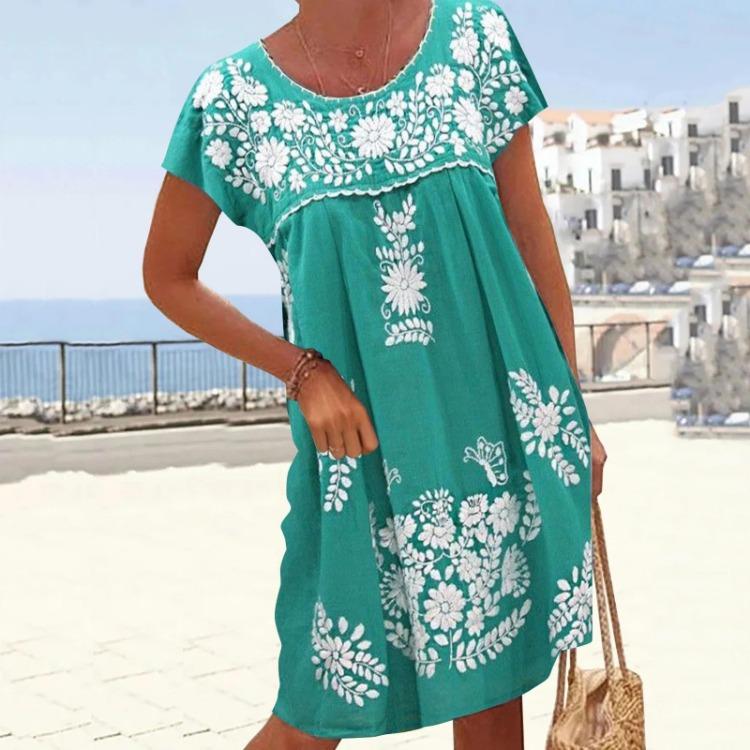 Women Ethnic Style Short Sleeved Round Neck Dress Spring Summer New Shoulder
