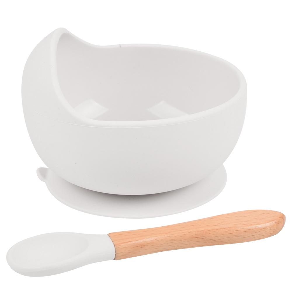 Silicone Baby Bowl & Spoon Set with Wooden Handle and Suction Cup