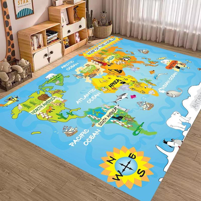 Animal World Map Printing Large Area Rug Non-Slip Wear-resistant Carpet for Living Room Bedroom Soft Floor Mat Home Decor Cute