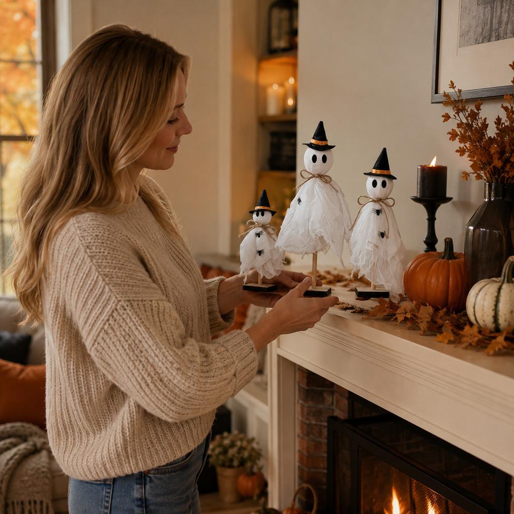 Halloween Wooden Decor Set - 3 Piece with Wooden Base for Holiday Home Decoration