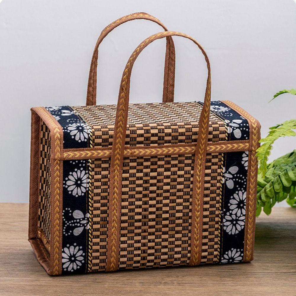 Rectangular Hand-Woven Basket Bamboo Handheld Woven Basket Retro Bamboo Picnic Basket  Photo Prop