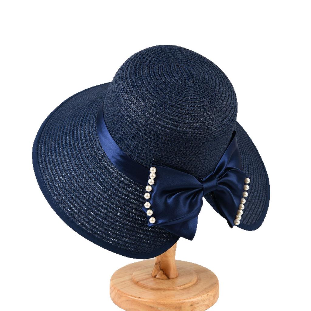 Summer bow visor female split ponytail straw hat Korean version pearl big eaves sun protection sun bucket hat
