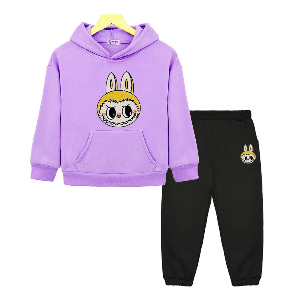 labubu Kawaii Anime hoodie Fleece sweatshirt boys girls Hooded Sets Cartoon Jacket 2pcs pullover+pants  kids boutique clothes