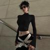 2025 Spring Fashion Mesh Turtleneck Long Sleeve Red Draped Bandage Sexy See Through Crop T-Shirt Top Streetwear Club