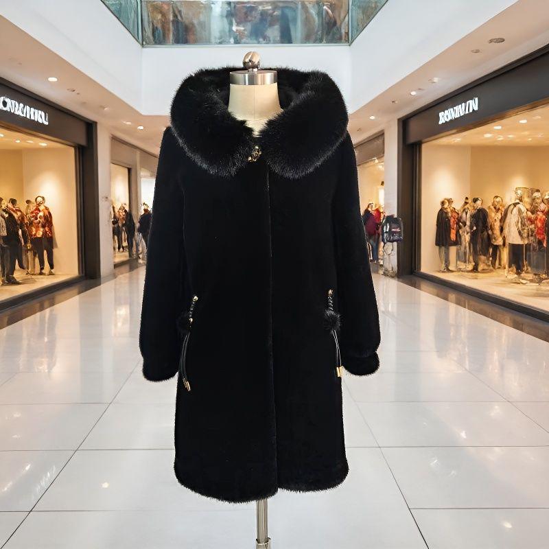 

Women s Black Faux Fur Collar Mid-Length Wool Coat 5XL чорний