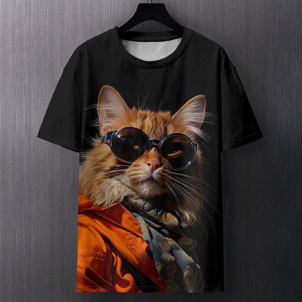 Fun Cat Pattern Printed T-shirt Summer Casual Loose Round Neck Short Sleeved Men's T-shirts