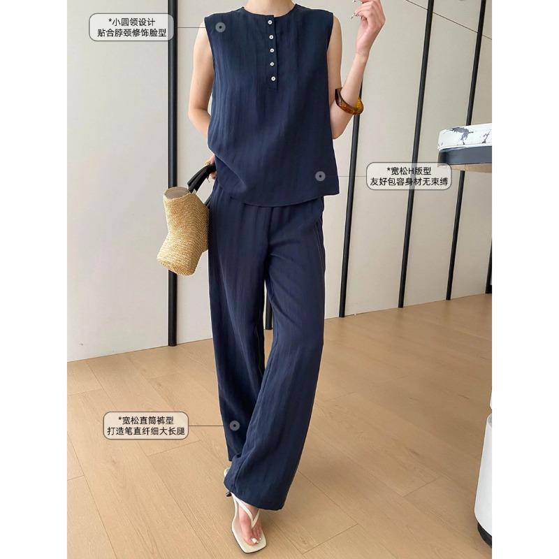 16 New summer thin sleeveless top straight trousers set, solid color temperament lazy two-piece set
